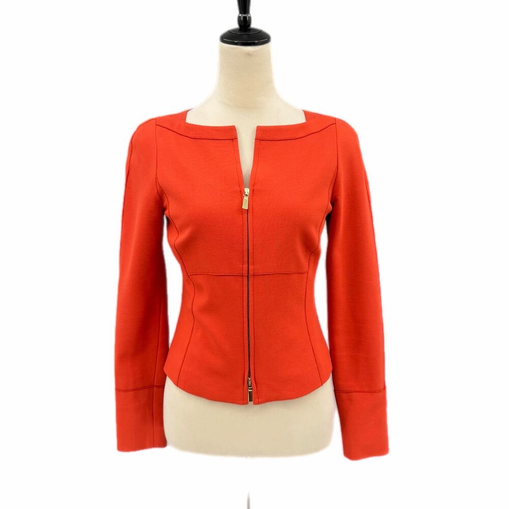 Worth Orange Burst Twill Zip Structured Hip Length Fitted Chic Blazer Jacket